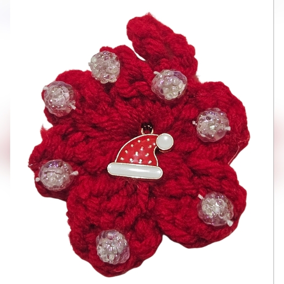 Hand Crafted Upcycled Chritsmas Ornaments Hand Crochet red beaded floral pattern - Picture 3 of 17